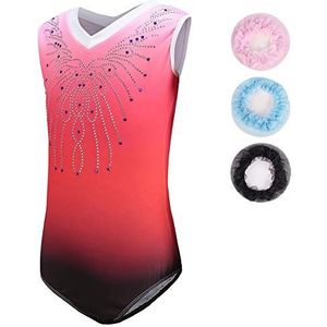 Sinoem Turnpakje, gympakje, voor meisjes, eendelig, met kleurverloop en glitters, voor dans, ballet, turnen, 9 - 10 jaar, rood zonder mouwen