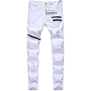 Gescheurde Skinny Stretchjeans Voor Heren Slim Fit Noodlijdende Spijkerbroek Casual Rechte Spijkerbroek Moto Biker-jeans (Color : Blanc, Size : 4XL)