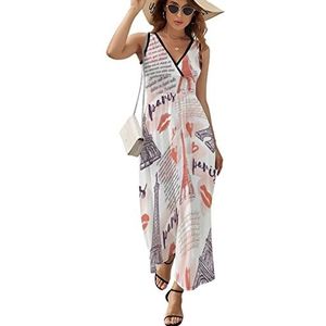 Love Kiss Paris Eiffeltoren Maxi lange jurk voor dames, V-hals, mouwloos, tank, zonnejurk, zomer