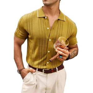 UBOHUZ Herenshirt met korte mouwen, uitgeholde casual gebreide trui met knopen, licht en ademend, stijlvol ontwerp voor vrije tijd, Geel, XXL