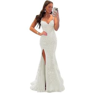 Dames glitter tule galajurk lang voor vrouwen kanten applicaties avondfeestjurken met split, Ivoor, L