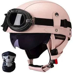 Duitse leren motorhelmen, halve schaalhelm met DOT/ECE, retro jethelm, scooterhelm, chopperhelm, fietshelm, met zonneklep en snelsluitingen open helm J,M=57-58CM