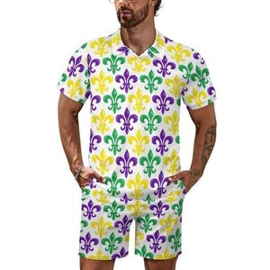 Mardi Gras Fleur De Lis Poloshirt voor heren, set met korte mouwen, trainingspak, casual, strandshirts, shorts, outfit, 5XL