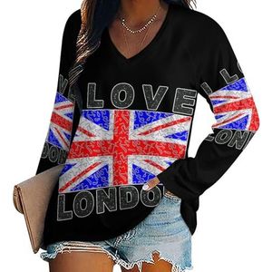 I Love London City damesshirt met V-hals en lange mouwen, casual losse pasvorm blouses