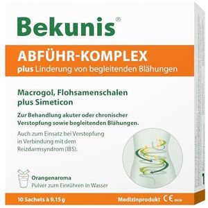 Bekunis Laxeercomplex plus | Macrogol + psyllium schalen + simeticon | Bij verstopping met begeleidende winderigheid en opgeblazen gevoel | 10 zakjes om in water te roeren | oranje | medisch