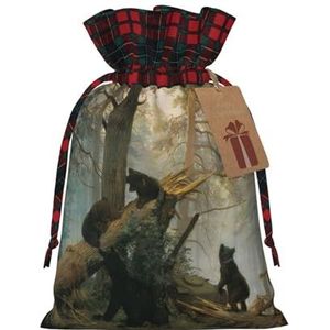 OPSREY Zwarte Beren gedrukte Kerstcadeau Tas Trekkoord Gift Bag met Tag Herbruikbare Candy Bag