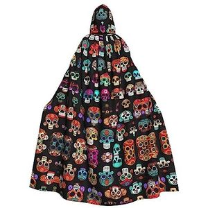 FRESQA Mexicaanse Kleurrijke Schedel Unisex Hooded Lange Polyester Cape,Cosplay Kostuums Kerstfeest Vampieren Mantel