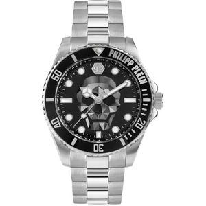 Philipp Plein The $Kull Diver Herenhorloge, analoog, kwarts, zilver/zwart - Pwoaa0522, armband