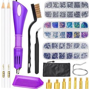 BLUESEABUY - Hotfix-applicator voor strassteentjes met 3 dozen strassteentjes in verschillende kleuren, 7 opzetstukken in verschillende maten, pincet, reinigingsborstel, houder, 2 pennen