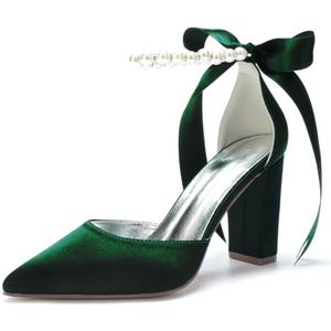 HFWXYSA Dames Gesloten Puntige Neus Bruids Pompen Blok Chunky Hak Parel Enkelbandje Bruiloft Kantoor Business Dress Schoenen,Dark green,36 EU