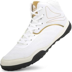 Hiuzylqx Heren boksschoenen Pro High Top Worstelschoenen Tieners Muay Thai Kickboksen Ademend Fitness Kinderen Tieners voor Superieure Grip en Ondersteuning,Wit,39 EU