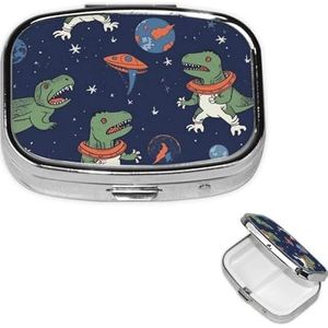 Vierkante pillendoos draagbare metalen pillenhoes 2 compartimenten kleine reizen pillenorganisator grappige astronaut dinosaurus raket vitamines houder organizer voor portemonnee zak