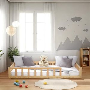 Homestyle4u Montessori Vloerbed, 120 x 200 cm, naturel, houten kinderbed, kinderbed met valbeveiliging en lattenbodem