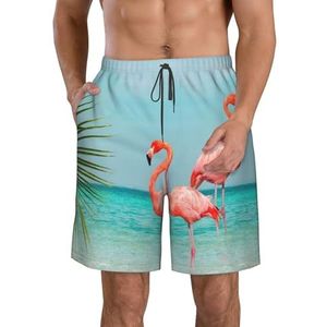 JIAWUJYNB Flamingo in Water Print strandshorts voor heren, lichtgewicht, sneldrogend, zwembroek met trekkoord en zakken, Wit, M