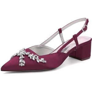 GHSIRUEU Dames pumps met puntige neus, blokhak, slingback, slip-on, lage, middelhoge hak, satijnen bruiloftsschoenen met strass,Burgundy,35 EU