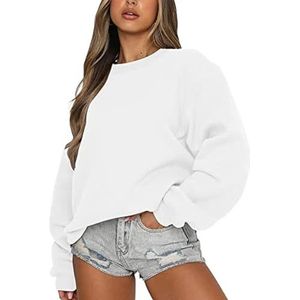 Leader of the Beauty Oversized sweatshirt met ronde hals voor dames, pullovertruien met lange mouwen herfstoutfits 2024, Wit, S