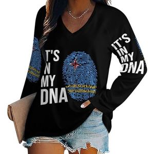 It's In My DNA Aruba vlag casual T-shirts met lange mouwen voor dames V-hals bedrukte grafische blouses T-shirt tops M