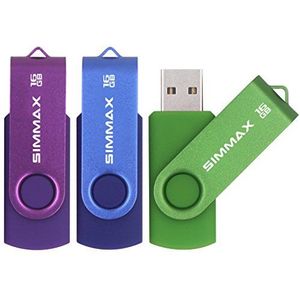 SIMMAX USB-stick, 3 stuks, 16 GB, geheugenstick, swivel-design, USB-stick, rits 16GB paars blauw groen