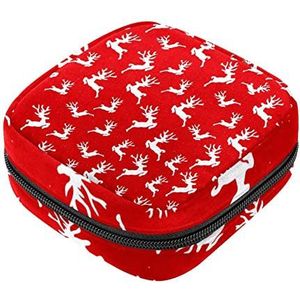 Maandverband Opbergtas, Vrouwelijke Product Pouches Draagbare Periode Kit Tas voor Meisjes Vrouwen Dames Wit Regendier op Rood-01, Meerkleurig, 4.7x6.6x6.6 in/12x17x17 cm