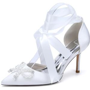 EICOFF Dames Puntige Teen Parel Pumps Satijn Bruids Hoge Hakken Gesloten Teen Trouwschoenen Slip on Enkelband Party Jurk Schoenen,Wit,35 EU