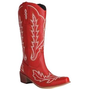 Lmtossey Vrouwen Cowboy Western Boots Halverwege de Kalf Geborduurde Dikke Zolen Hoge Hakken Lente En Herfst Handgemaakte Schoenen, Rood, 42.5 EU