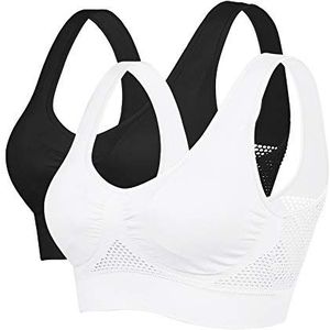 Sportbeha Voor Dames Dagelijkse Beha Zachte Beha Naadloze Mesh Rugloze Ademende Gewatteerde Verwijderbare Pads Draadloze Ondersteuning voor Yoga Fitness (Zwart + Wit, L)