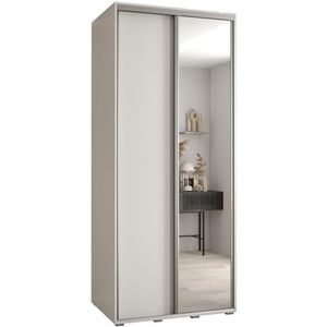 MEBLE KRYSPOL Cannes 3 Moderne Kledingkast met 2 Schuifdeuren met Bar, Planken en Spiegel - Opbergkast voor Slaapkamer, Woonkamer - 205,2x100x60 cm - Wit Wit Zilver