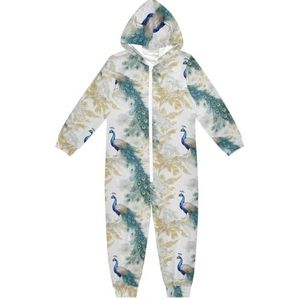 LI ZHI XIN Kinderpyjama uit één stuk met capuchon voor jongens en meisjes, jumpsuits voor kinderen, onesie, slaappak, alles-in-één pyjama, winter, warme huisjumpsuit, 5-14 jaar, mooi pauwpatroon