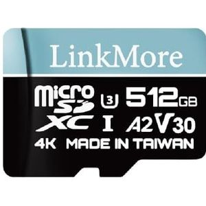 LinkMore 512 GB Micro SD Lite kaart, A2, UHS-I, U3, V30, Class 10 compatibel, max sequential read tot 100 MB/s, max sequential schrijven tot 85 MB/s, SD-adapter inbegrepen