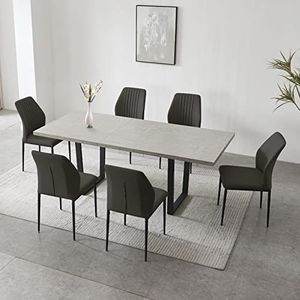 jiexi Moderne eettafelset voor 6-8 personen, uitschuifbare tafel met hoge hardheid om ruimte te besparen, metalen frame boerderij, rechthoekige keuken eettafel voor thuis familie (tafel + 6 zwarte