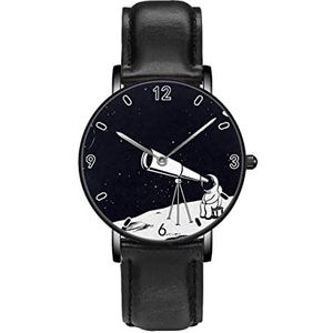 Astronaut Observeren door Telescoop Op De Maan Horloges Persoonlijkheid Business Casual Horloges Mannen Vrouwen Quartz Analoge Horloges, Zwart