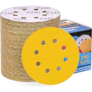 ALPXUXP 100 Stuks Schuurschijven 125mm Korrel 240 Klittenband Schuurpapier Ronde 8 Gaten Goudgeel Schuurpads voor Excentrische Schuurmachine