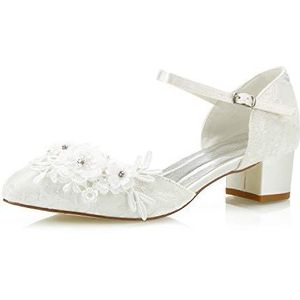 Mrs White 6655-1 Trouwschoenen voor dames 1,58 inch lage kegelhak Kant Satijn Bruids schoenen, ivoor, EU 39