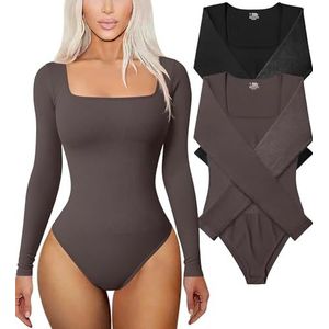 Sexy bodysuit met lange mouwen en vierkante hals voor dames, set van 2, geribbeld modellerend ondergoed met buikcontrole voor een slanke taille,Zwart Pitaya M