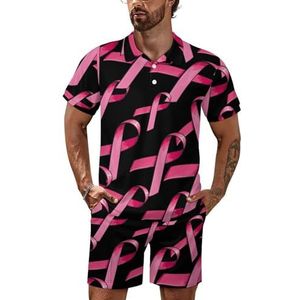 Roze satijnen lint borstkanker heren poloshirt set korte mouw trainingspak set casual strand shirts shorts outfit S