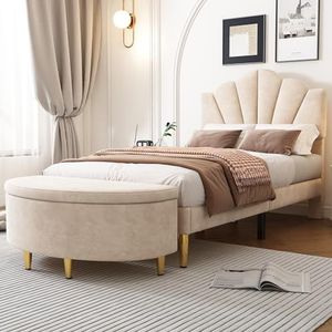 VSOGA Fluweel, gestoffeerd bed, 90 x 200 cm, schelpachtig bed met gouden ijzeren poten, in hoogte verstelbaar hoofdeinde, houten lattenbodem, gestoffeerde bank met opbergruimte, beige