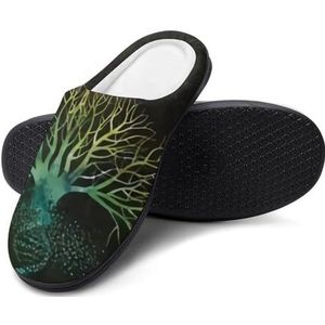 Nordic Viking Vintage Individualiteit Home Slippers, Indoor Woonkamer Slip on Slippers, Comfortabele Pluche Platte Schoenen(Tree of Life,13-14(46-47))