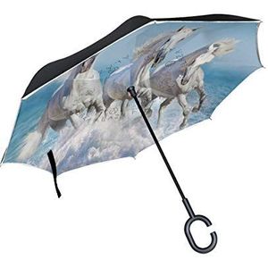 RXYY Winddicht Dubbellaags Vouwen Omgekeerde Paraplu Oceaan Running Wit Paard Waterdichte Reverse Paraplu voor Regenbescherming Auto Reizen Outdoor Mannen Vrouwen