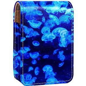Make-up Lipstick Case voor Buiten Blauw Gevaarlijke Kwallen Draagbare Lippenstift Organizer met Spiegel Dames Mini Make-up Tas Neemt Tot 3 Lippenstift