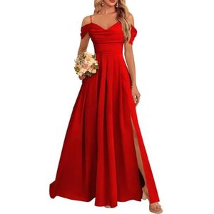 Dames chiffon bruidsmeisjes jurken met split lange galajurken ruches cocktailjurk plus size, Rood, 32