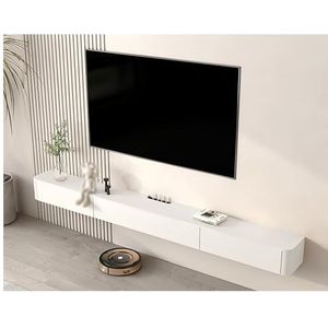 Wit Zwevend Tv-meubel, Met Laden En Deur, Aan De Muur Gemonteerde Massief Houten Mediaconsole, Met Routergat En Holle Achterkant, Entertainmentcentrum Opbergrek, Voor Woonkamer (Color : White, S : 2