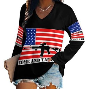 Gun Flag Come And Take It Dames V-hals Shirt Lange Mouw Tops Casual Loose Fit Blouses