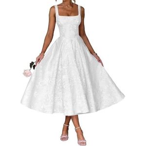 AHERKLL Spaghetti Bandjes Bruidsmeisjes Jurken Bloemen Satijn Jacquard Formele Avond Feest Maxi Jurk Thee Lengte HAH047, Wit, 32