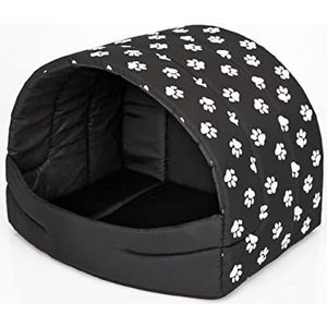 PillowPrim hondenhut, hondenhol, hondenbed, hondenhok, kattenhol, slaapplaats, XL - 60 x 49 cm, zwart met pootjes