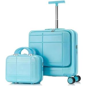 Trolleykoffer 2-delige Sets Spinner 18-inch Koffer, Met Telescopisch Handvat, 14-inch Make-upkoffer Reiskoffer (Color : Blue, Size : 14+18in)