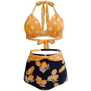 Dames bikiniset vintage bikini set geplooide halter top met hoge taille broekje vrouwen badpak plus size badpak effen / bloemenprint badmode, C-1991-7, L