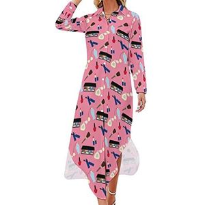 Maxi-jurk met make-uppatroon, lange mouwen, knoopjurk, casual feestjurk, lange jurk, 6XL