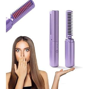 2023 New Rechargeable Mini Hair Straightener,2 in 1 Anti-Scald Hair Straightener Brush and Curler,Portable Travel Negative Ion Hair Straightener Comb for All Hair Type (Purple)