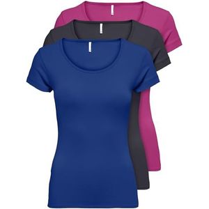 ONLY 15209153 Dames-T-shirt met korte mouwen, lange basic zomer-T-shirts, maten XS / S / M / L / XL, zwart of wit, set van 3 stuks, Kleurmix 4, XS