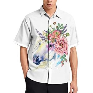 Aquarel Eenhoorn Boeket Hawaiiaanse Shirt Voor Mannen Zomer Strand Casual Korte Mouw Button Down Shirts met Zak